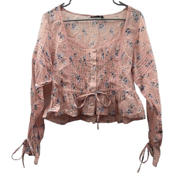 ASOS Design Pink Floral Print Button Up Pleated Long Sleeve Peasant Top Size 6 - Picture 3 of 9